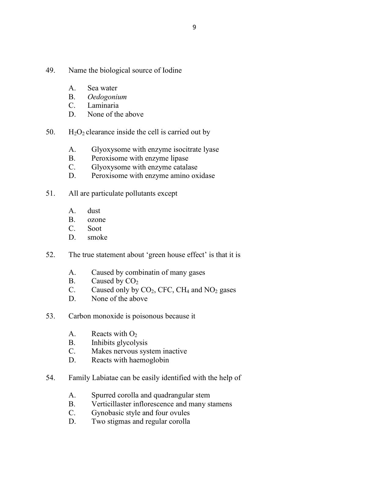CUSAT CAT 2016 Botany Question Paper - Page 9
