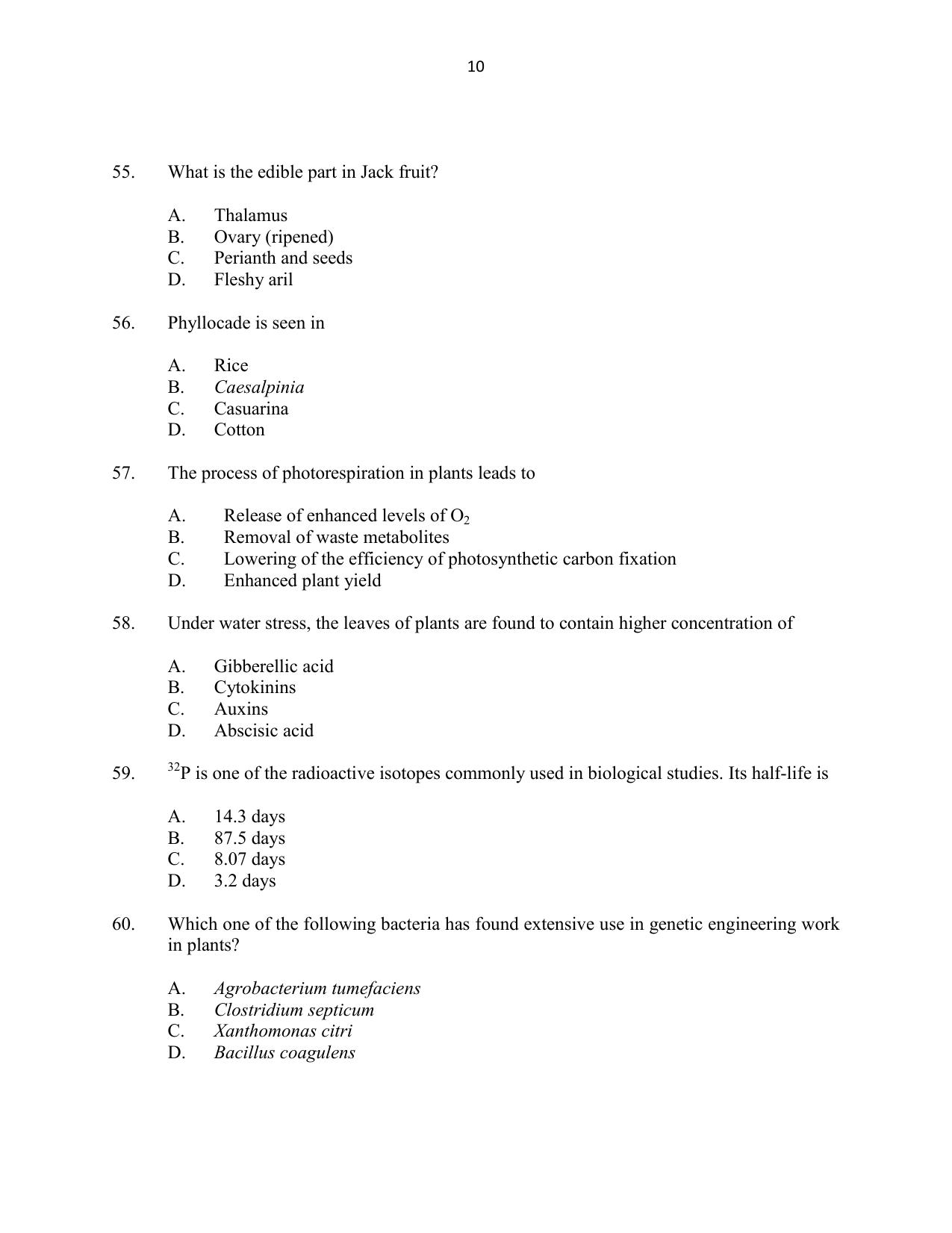 CUSAT CAT 2016 Botany Question Paper - Page 10