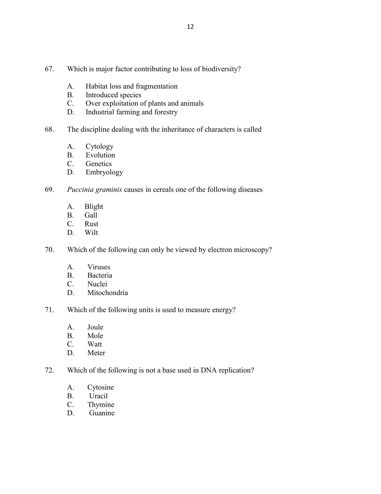 CUSAT CAT 2016 Botany Question Paper - Page 12