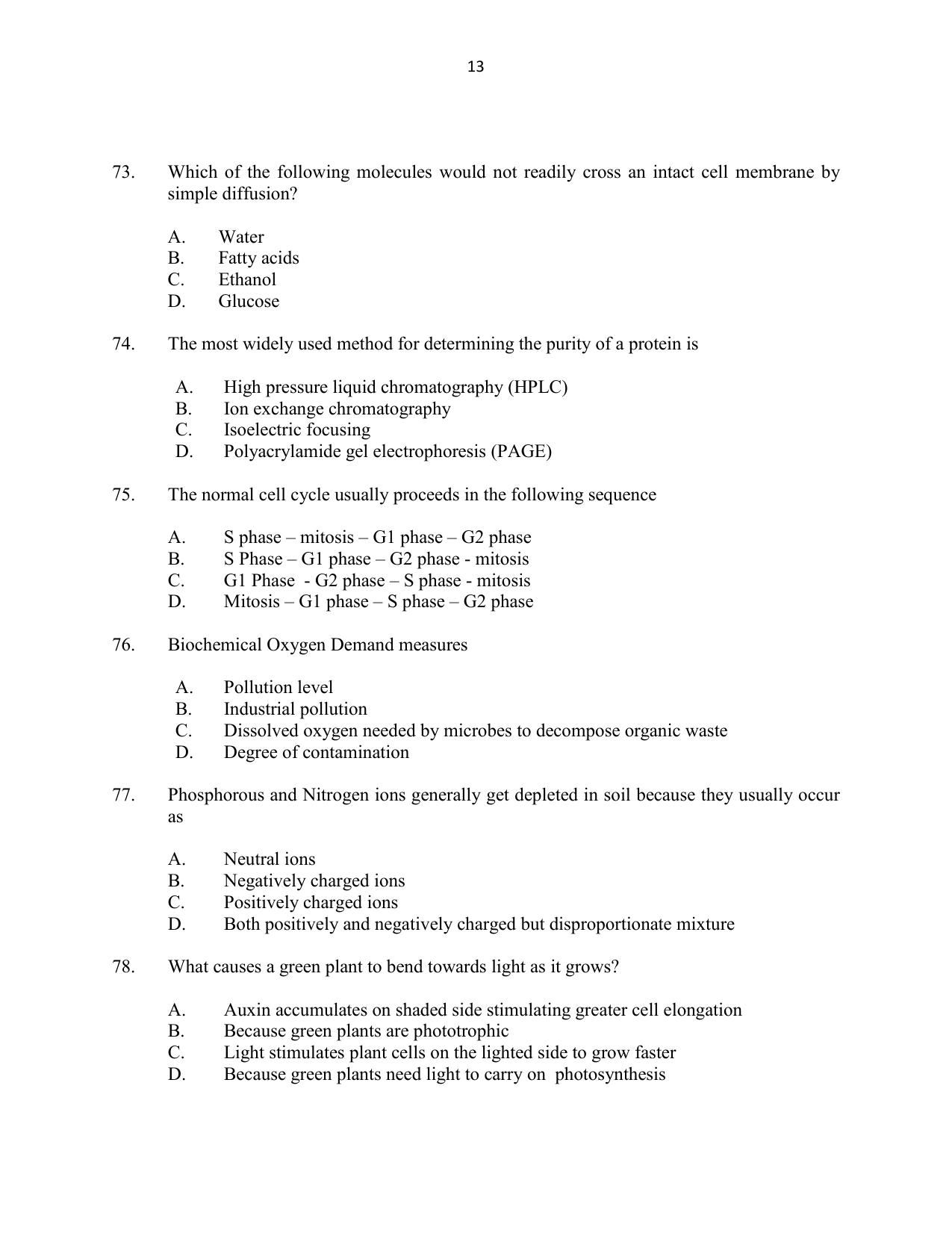 CUSAT CAT 2016 Botany Question Paper - Page 13