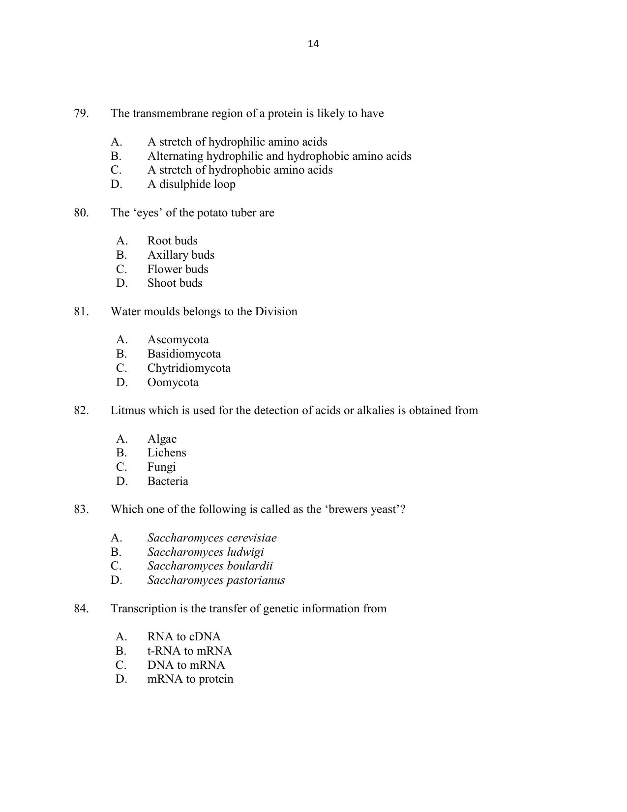 CUSAT CAT 2016 Botany Question Paper - Page 14