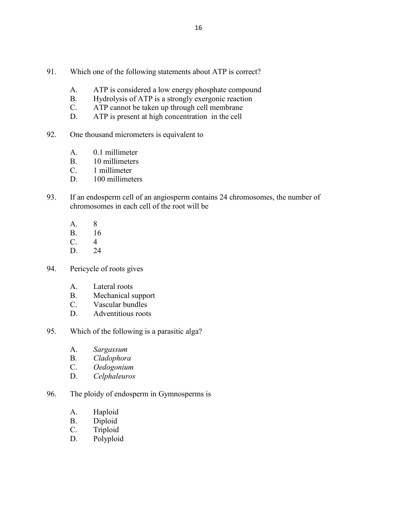CUSAT CAT 2016 Botany Question Paper - Page 16