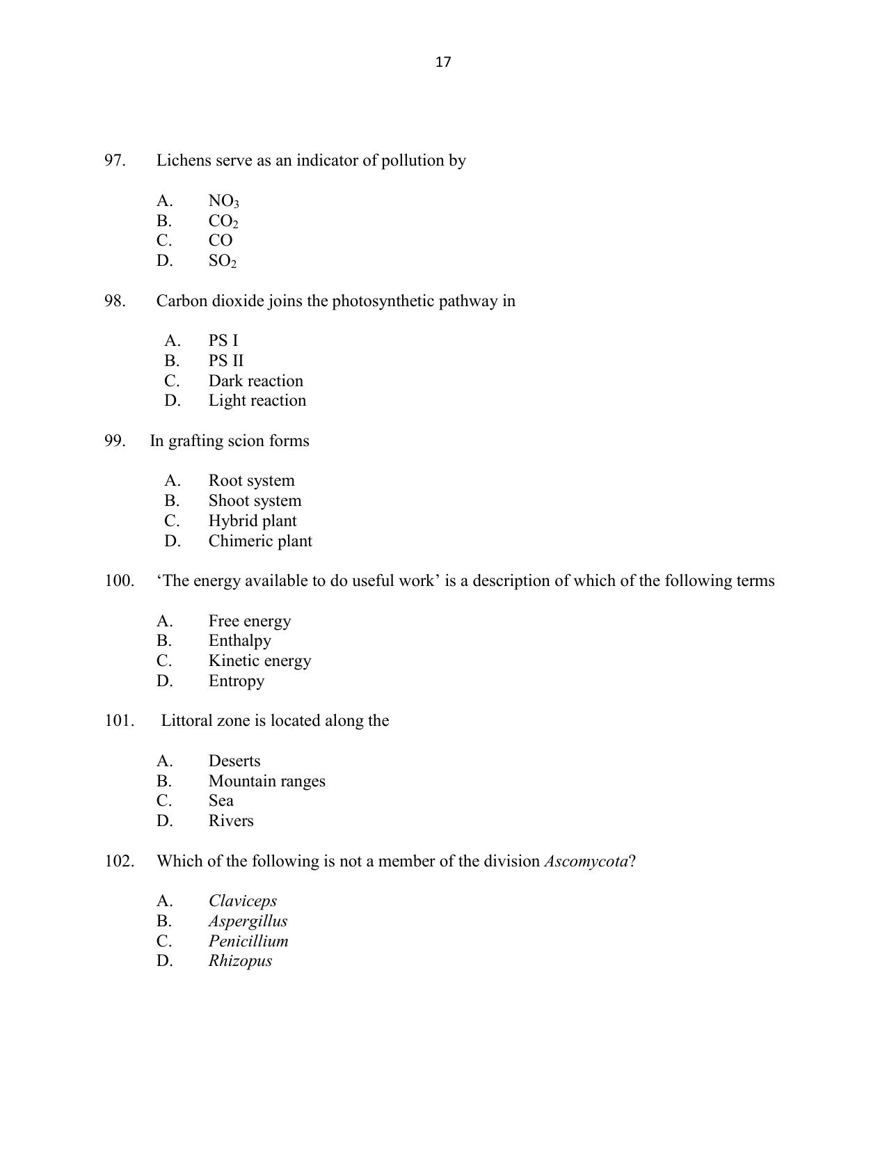 CUSAT CAT 2016 Botany Question Paper - Page 17