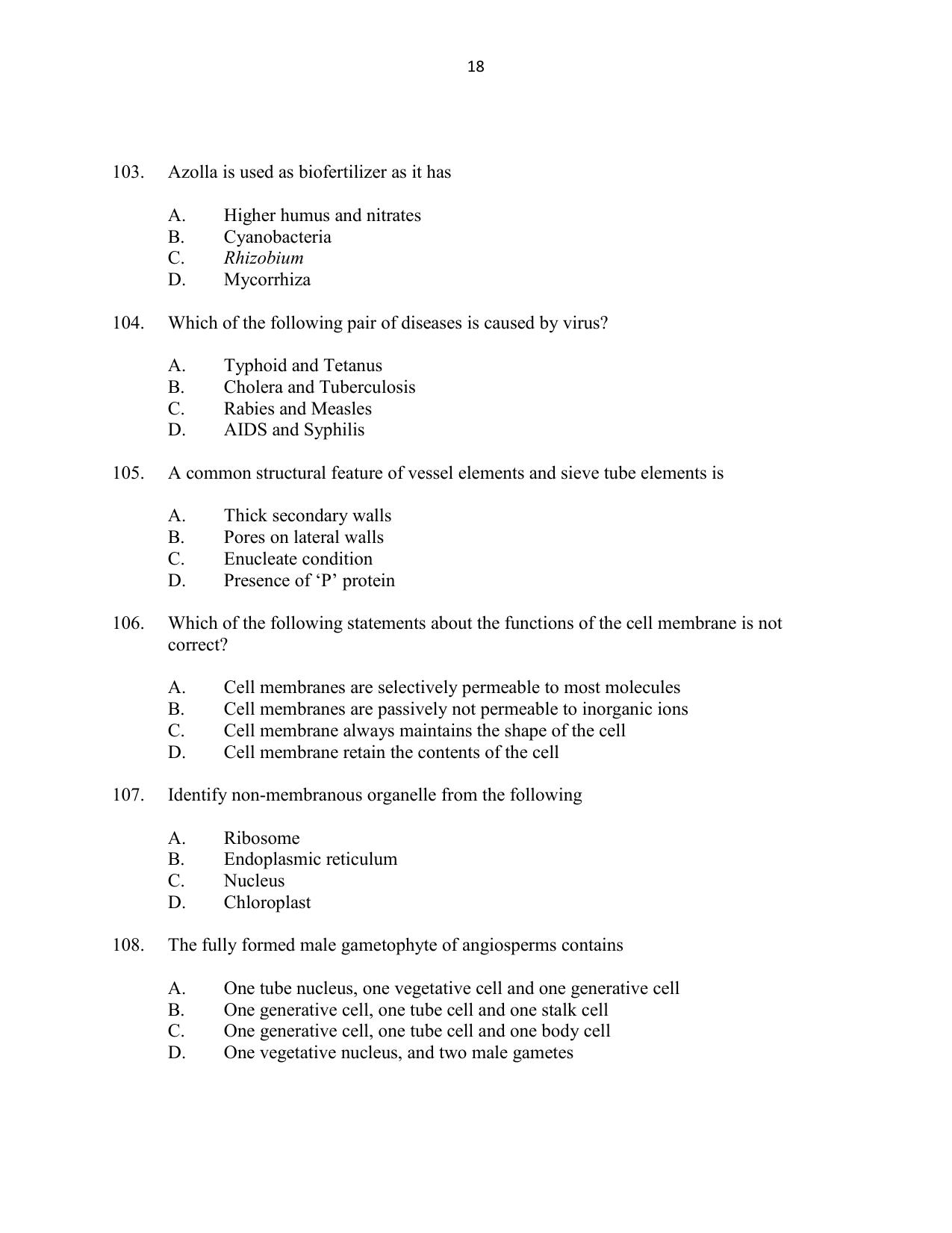 CUSAT CAT 2016 Botany Question Paper - Page 18