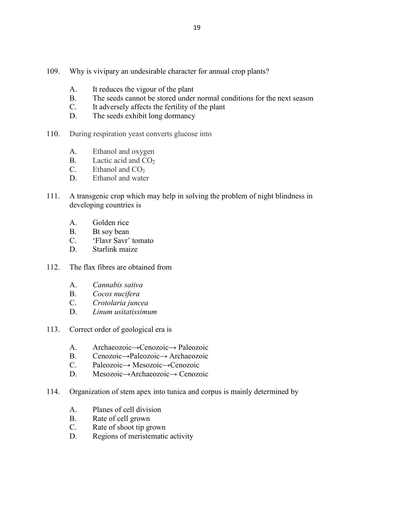 CUSAT CAT 2016 Botany Question Paper - Page 19