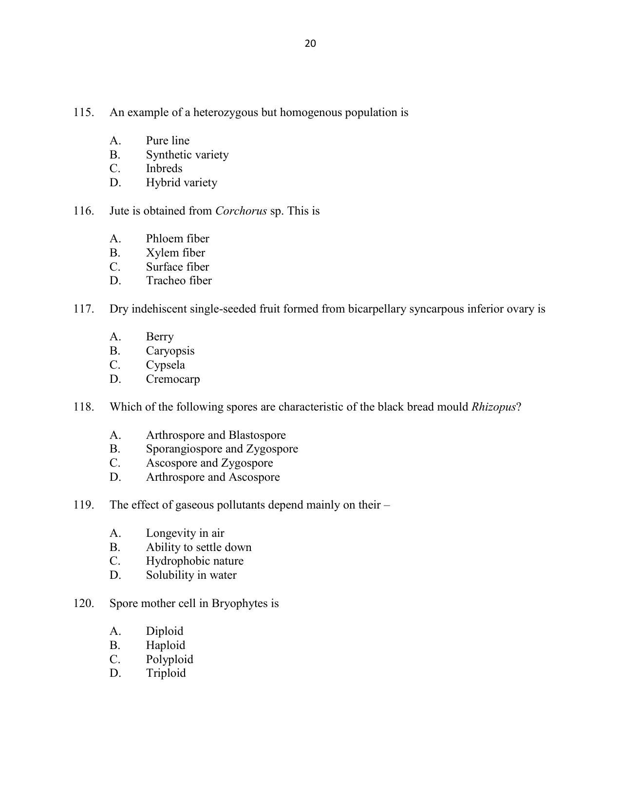 CUSAT CAT 2016 Botany Question Paper - Page 20