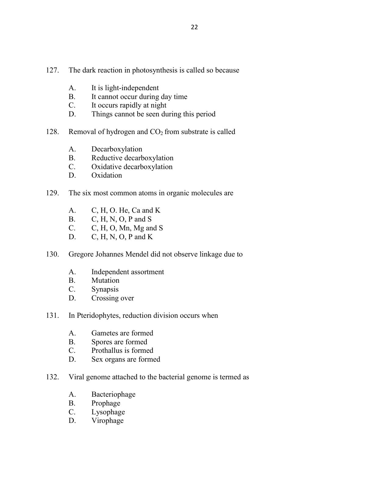 CUSAT CAT 2016 Botany Question Paper - Page 22