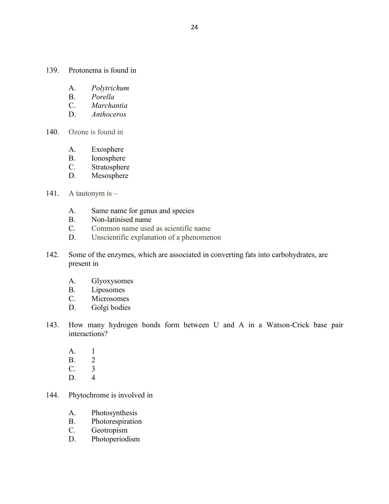 CUSAT CAT 2016 Botany Question Paper - Page 24