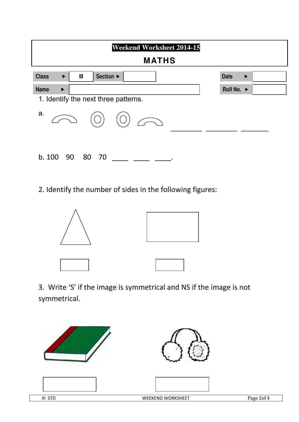 Worksheet for Class 3 Mathematics Assignment 95 - Page 1