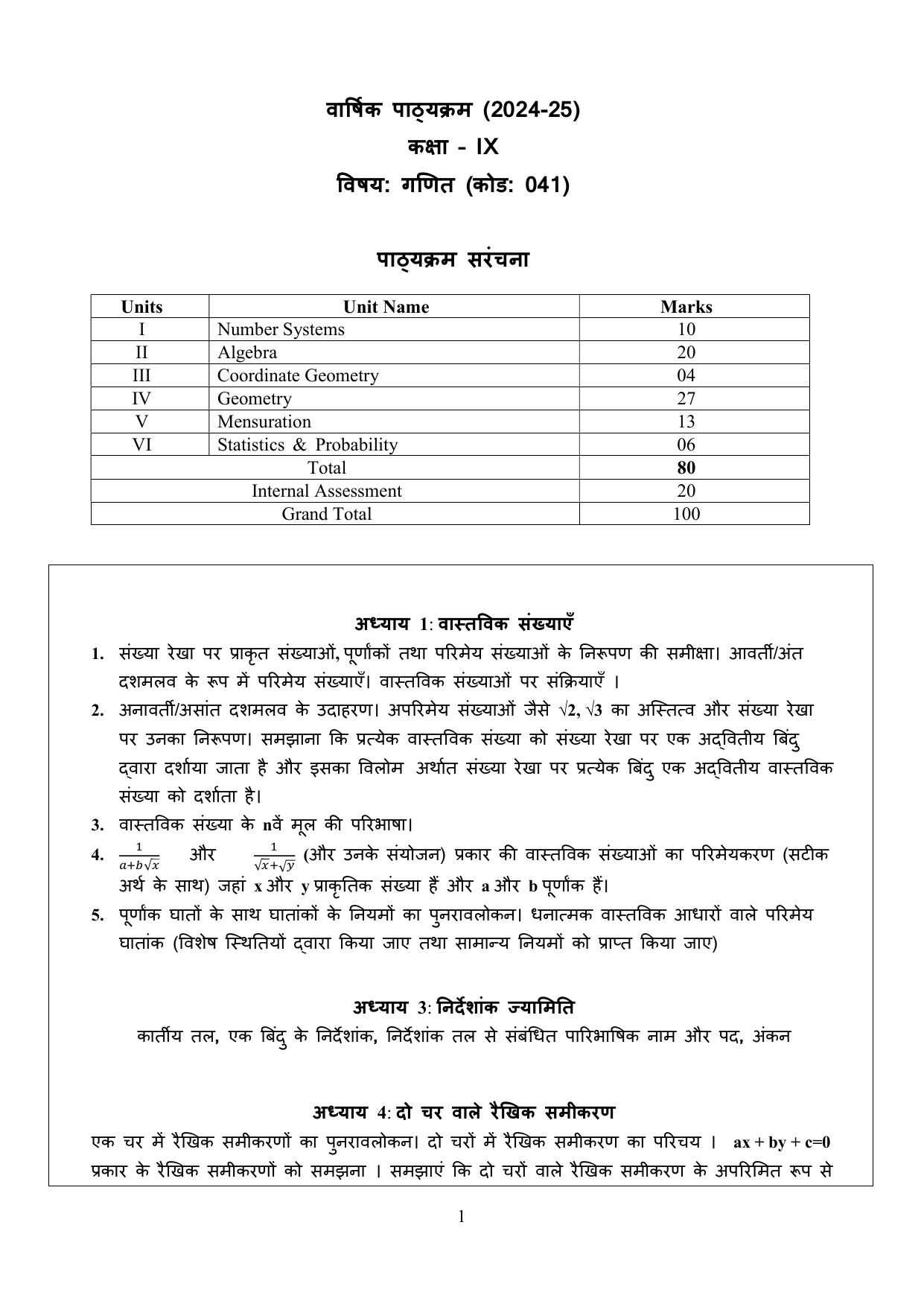 Edudel Class 9 Mathematics (Hindi Medium) Syllabus 2025 - Page 1