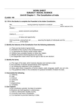 CBSE Worksheets for Class 8 Social Science The Constitution of India Assignment