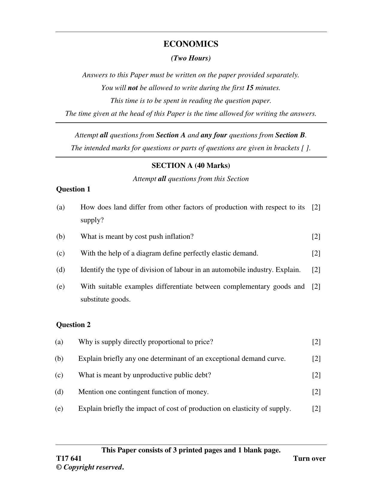 ICSE Class 10 ECONOMICS 2017 Question Paper - Page 1