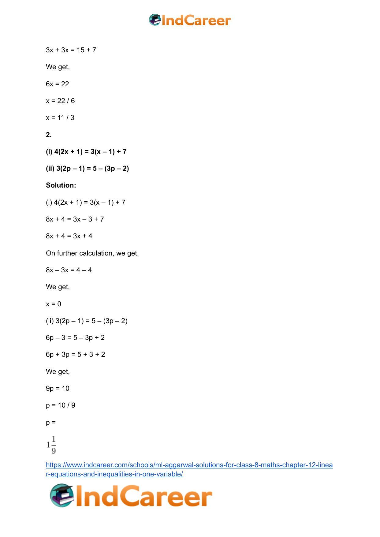 ML Aggarwal Solutions for Class 8 Maths Chapter 12- Linear Equations a ndInequalities in One Variable - Page 3