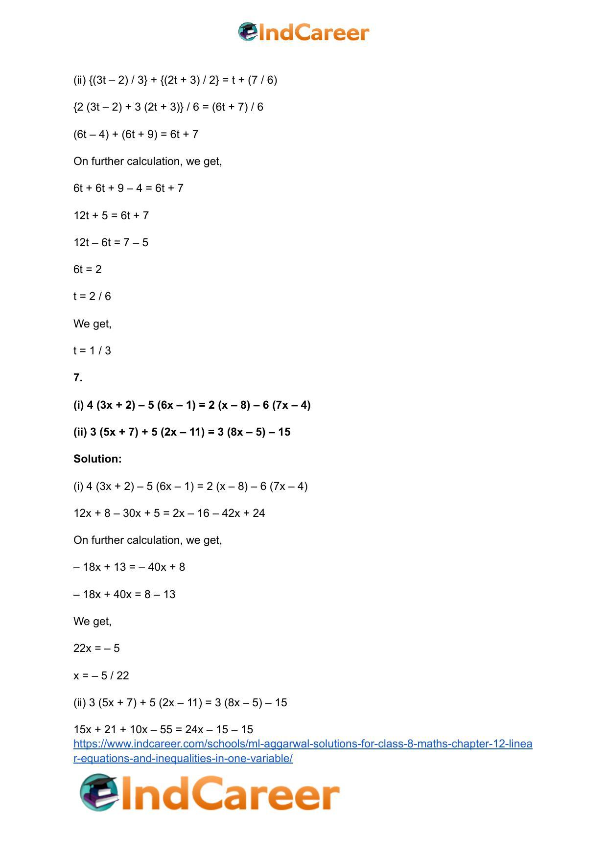 ML Aggarwal Solutions for Class 8 Maths Chapter 12- Linear Equations a ndInequalities in One Variable - Page 8