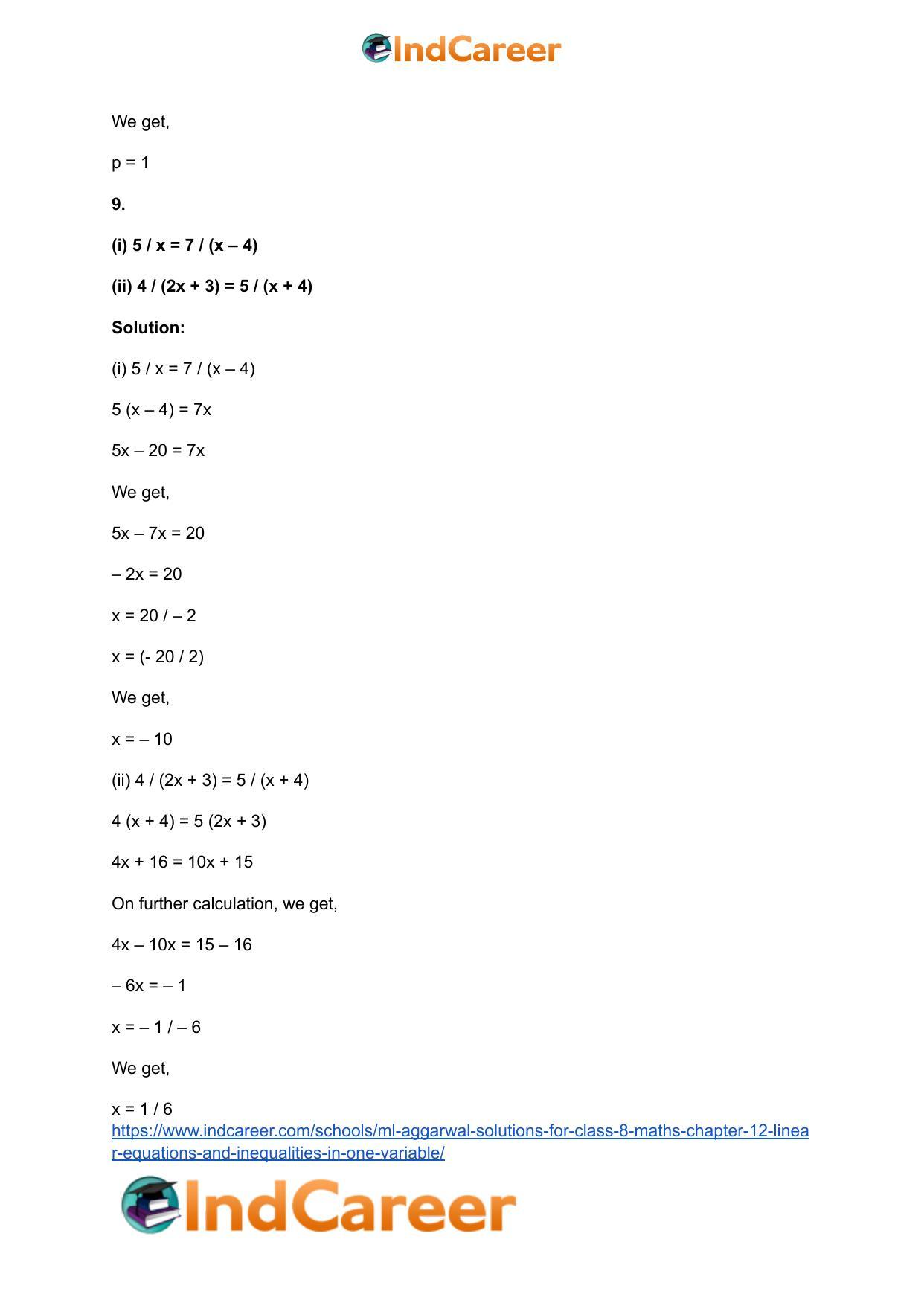 ML Aggarwal Solutions for Class 8 Maths Chapter 12- Linear Equations a ndInequalities in One Variable - Page 10