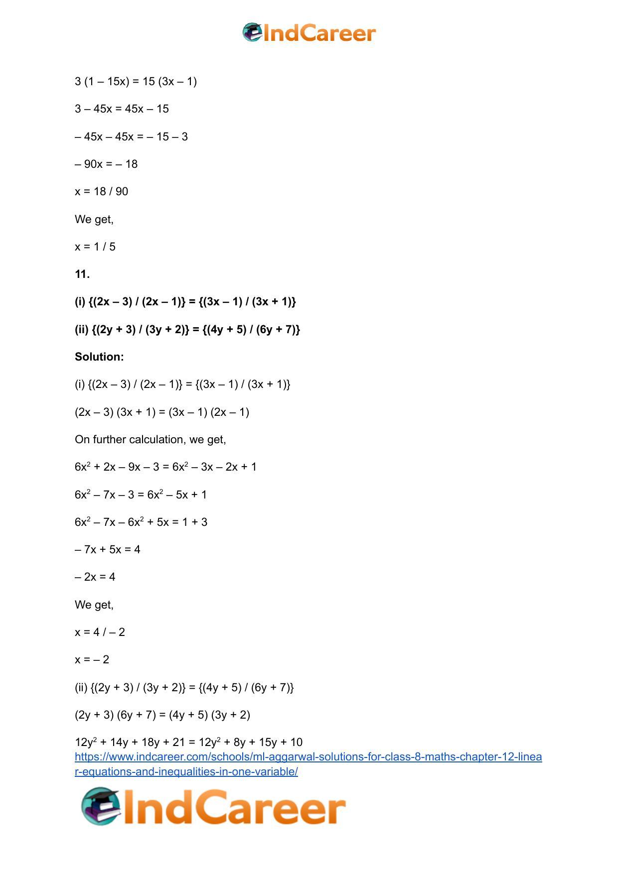 ML Aggarwal Solutions for Class 8 Maths Chapter 12- Linear Equations a ndInequalities in One Variable - Page 12