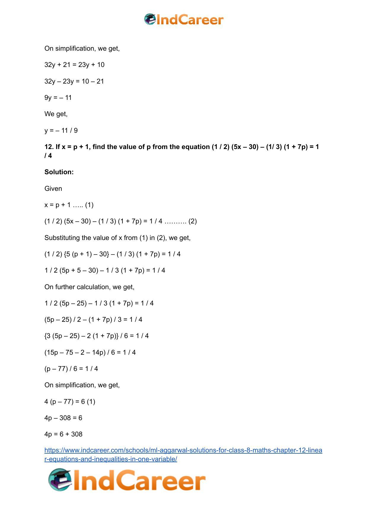 ML Aggarwal Solutions for Class 8 Maths Chapter 12- Linear Equations a ndInequalities in One Variable - Page 13