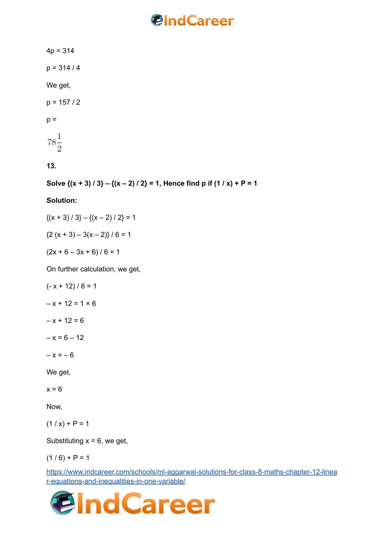 ML Aggarwal Solutions for Class 8 Maths Chapter 12- Linear Equations a ndInequalities in One Variable - Page 14
