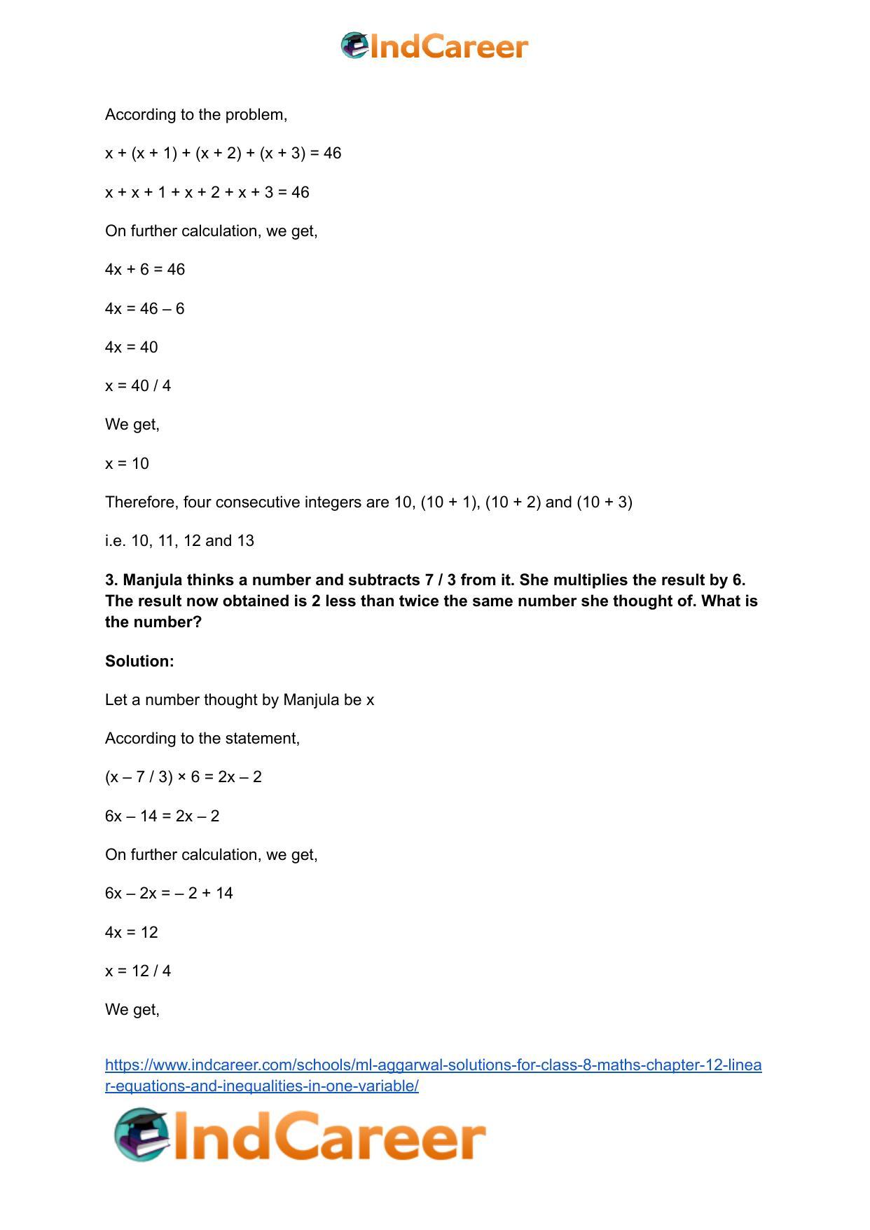 ML Aggarwal Solutions for Class 8 Maths Chapter 12- Linear Equations a ndInequalities in One Variable - Page 16