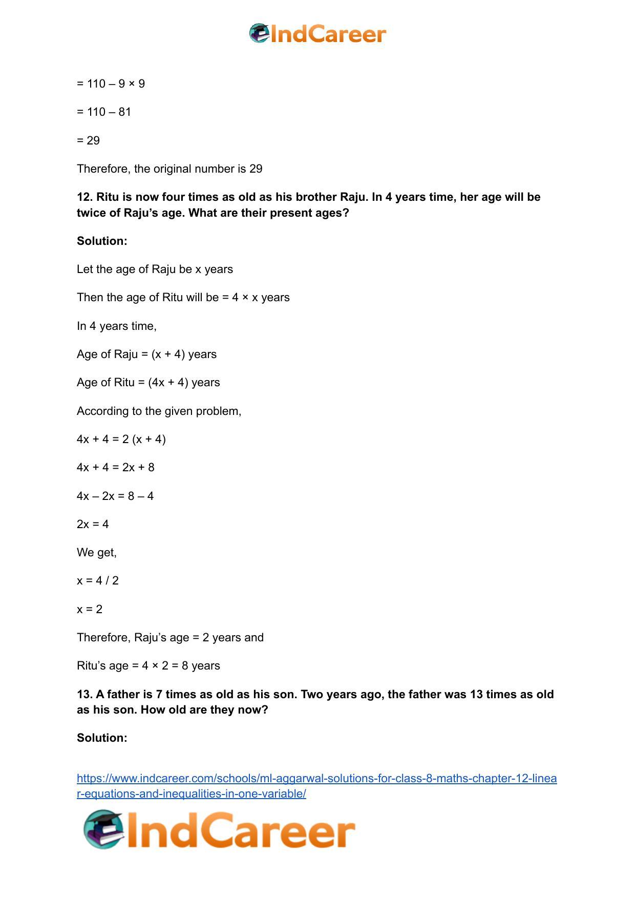 ML Aggarwal Solutions for Class 8 Maths Chapter 12- Linear Equations a ndInequalities in One Variable - Page 24