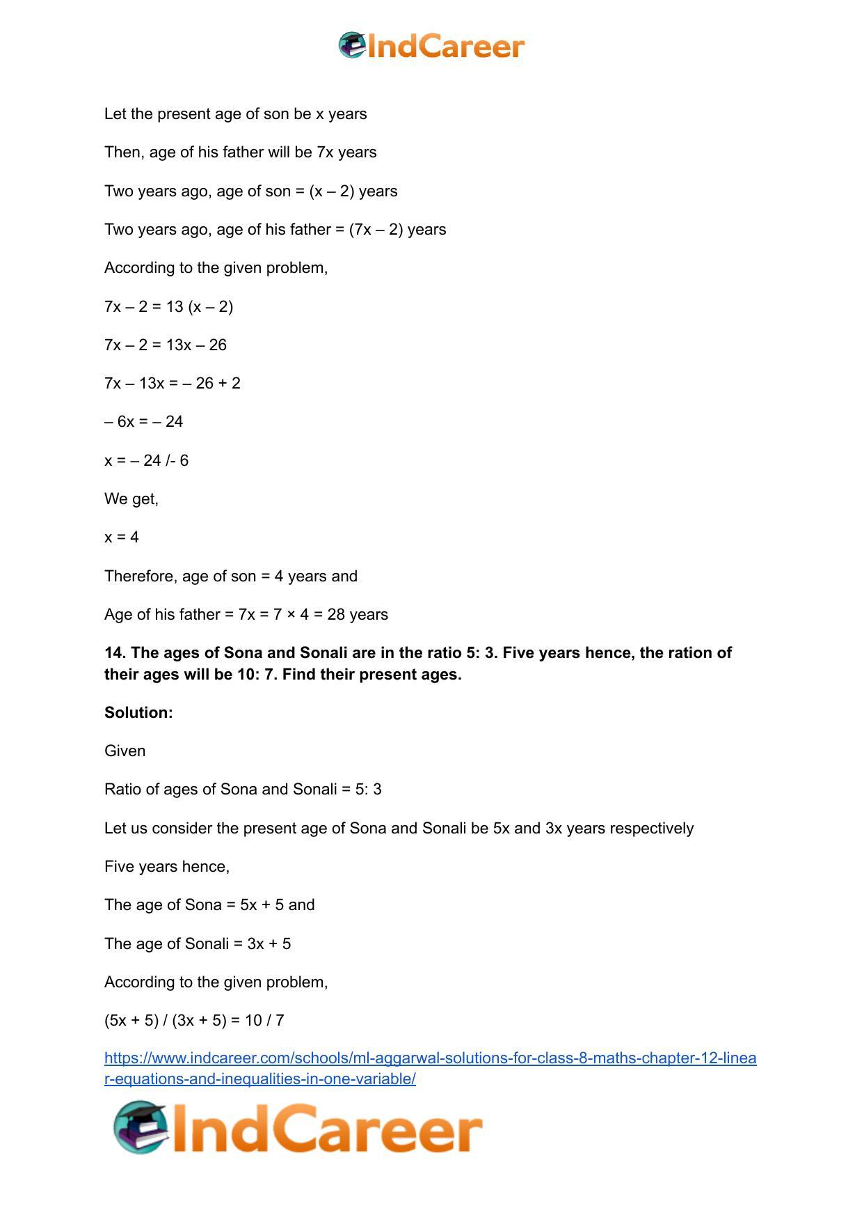 ML Aggarwal Solutions for Class 8 Maths Chapter 12- Linear Equations a ndInequalities in One Variable - Page 25