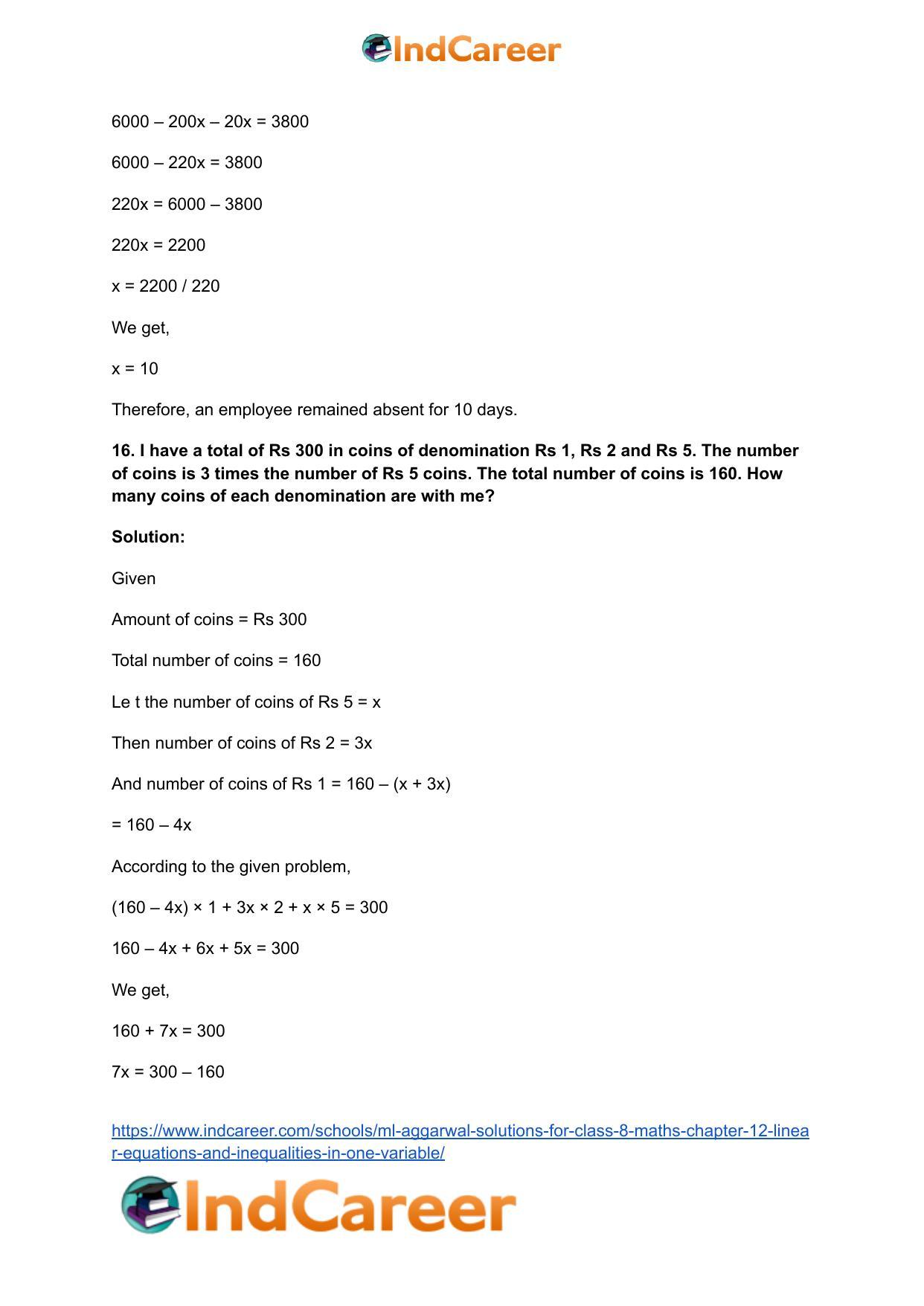 ML Aggarwal Solutions for Class 8 Maths Chapter 12- Linear Equations a ndInequalities in One Variable - Page 27