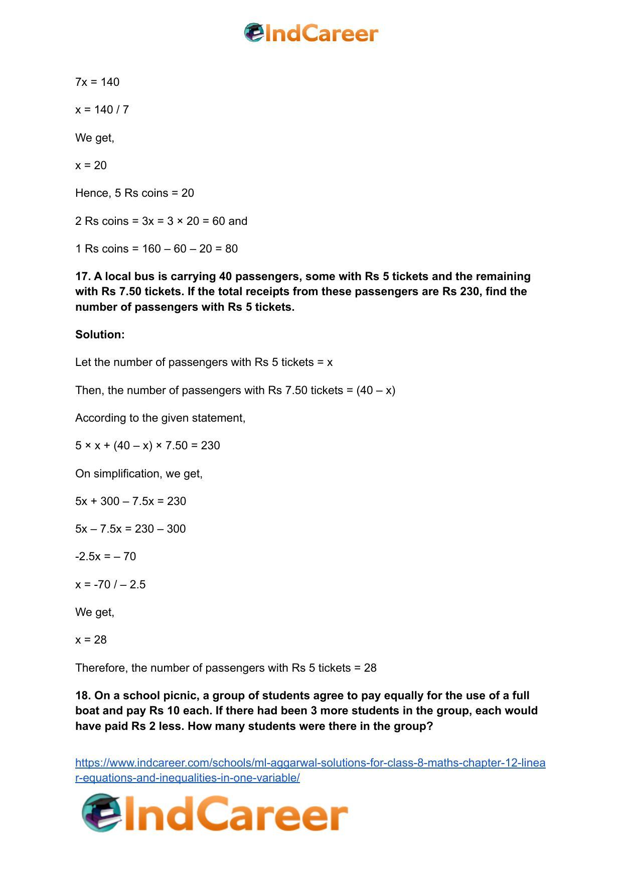ML Aggarwal Solutions for Class 8 Maths Chapter 12- Linear Equations a ndInequalities in One Variable - Page 28