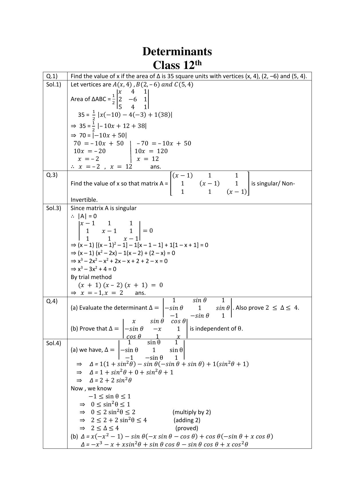 CBSE Class 12 Maths Worksheets for Determinants Assignment 6 - Page 1