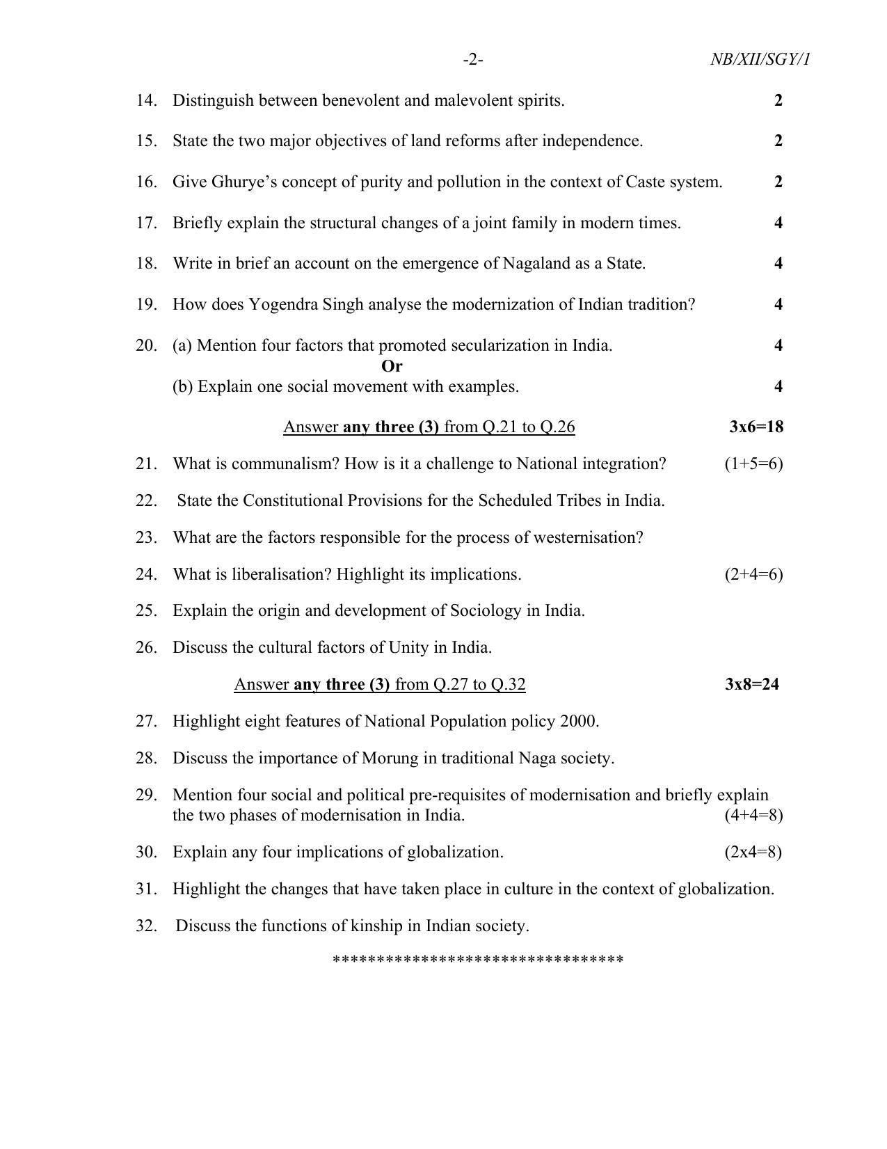 Nagaland Board Class 12 Sociology 2022 Question Paper - Page 2