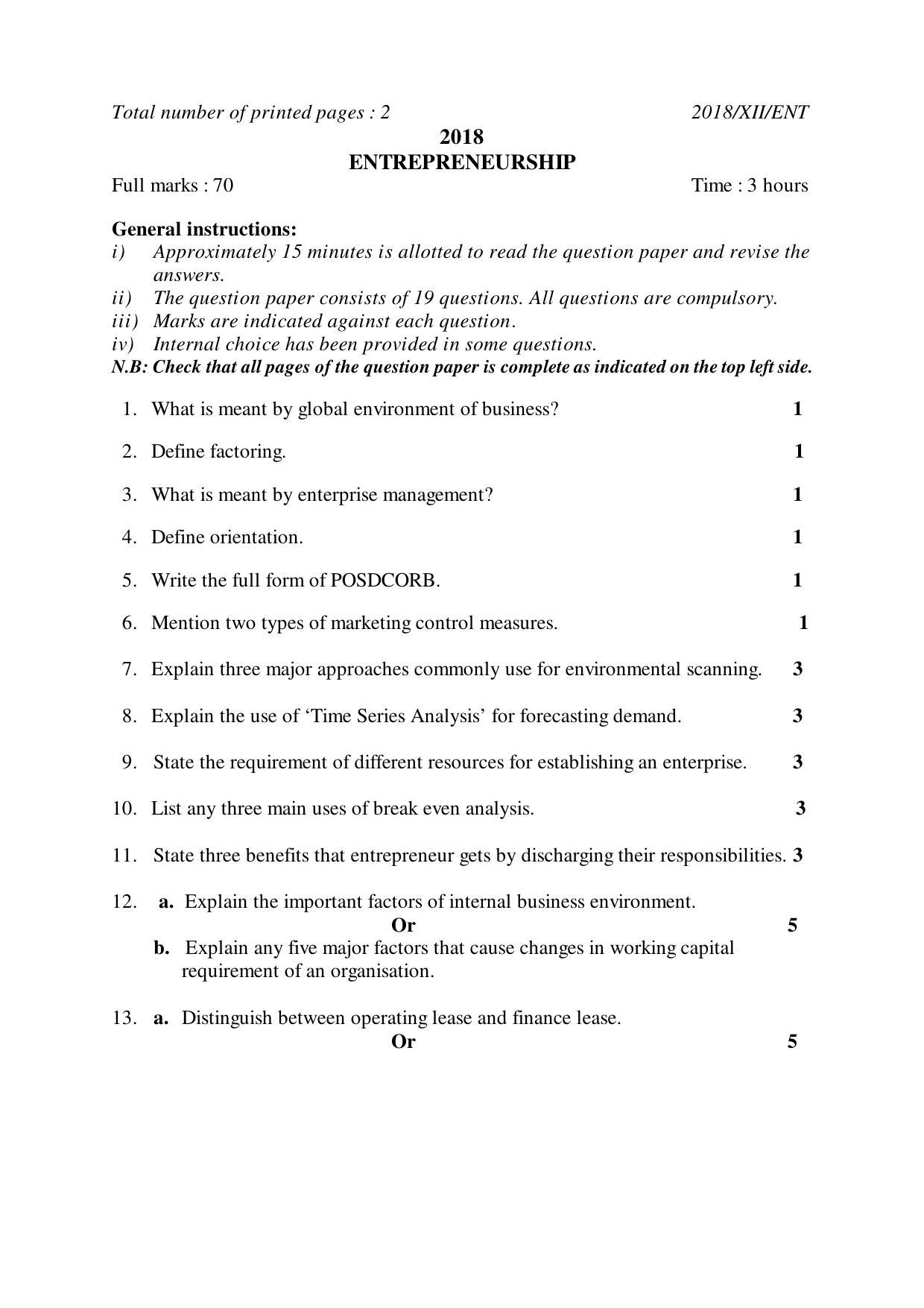Nagaland Board Class 12 ENTREPRENEURSHIP 2018 Question Papers - Page 1