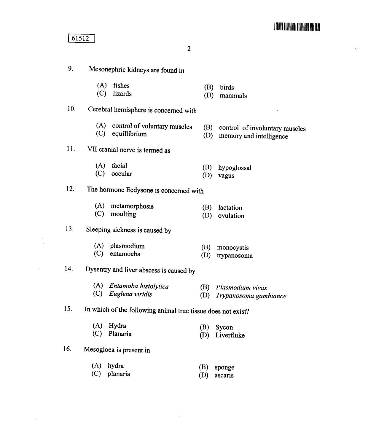 CUSAT CAT 2012 Zoology Question Paper - Page 3
