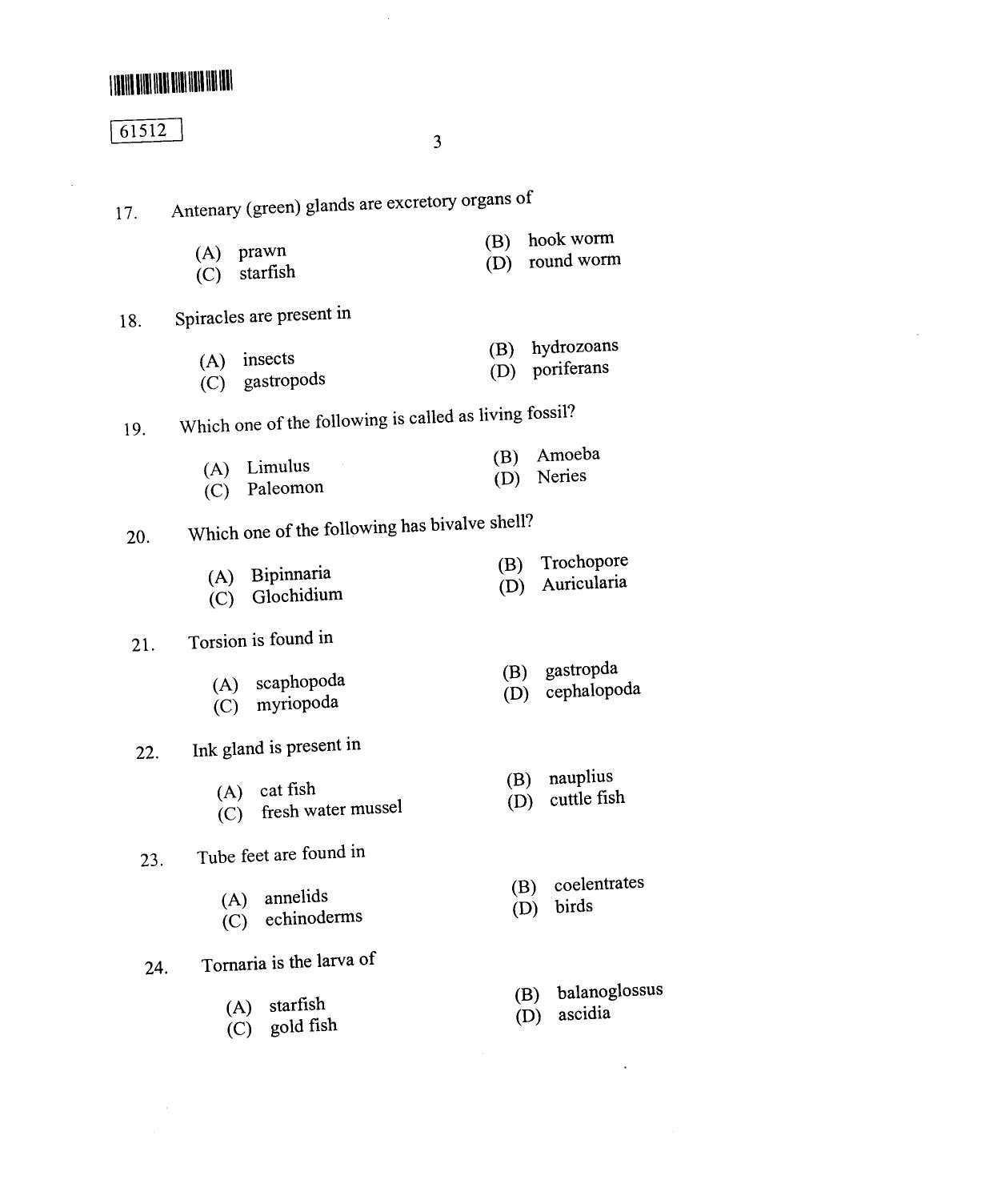 CUSAT CAT 2012 Zoology Question Paper - Page 4