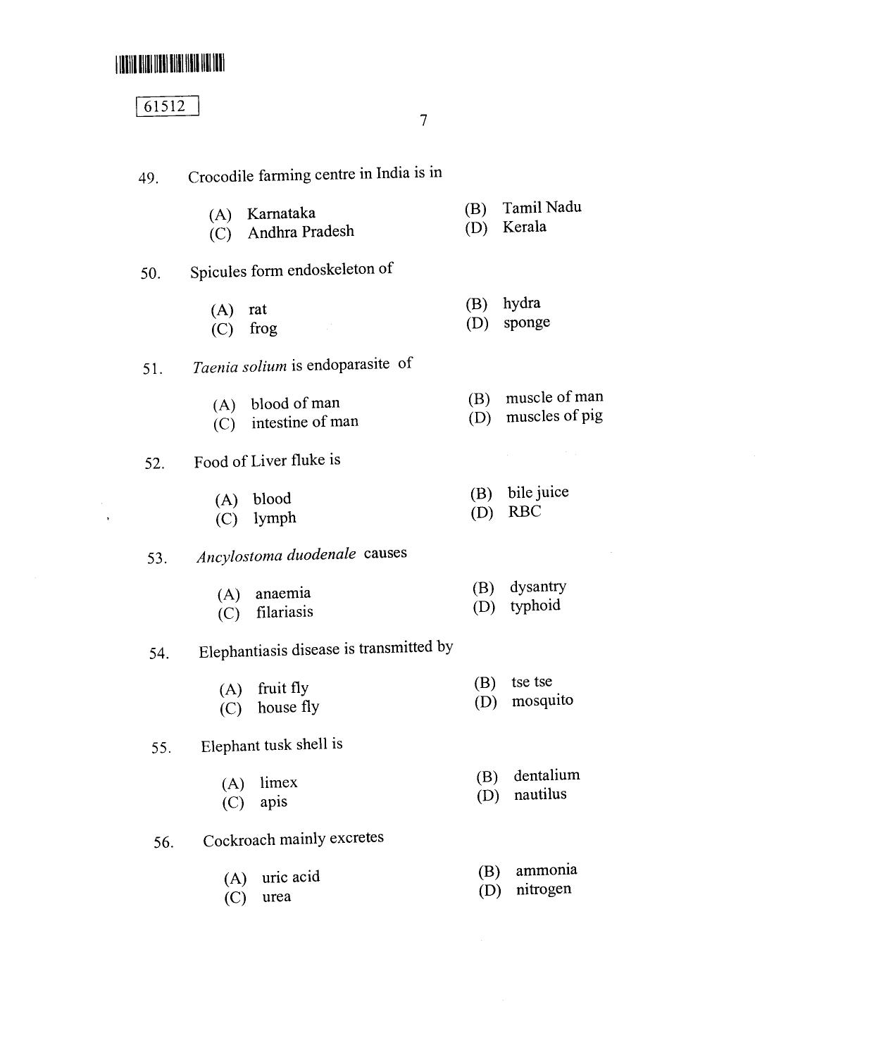 CUSAT CAT 2012 Zoology Question Paper - Page 8