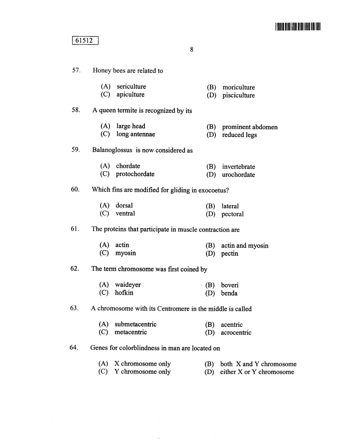 CUSAT CAT 2012 Zoology Question Paper - Page 9