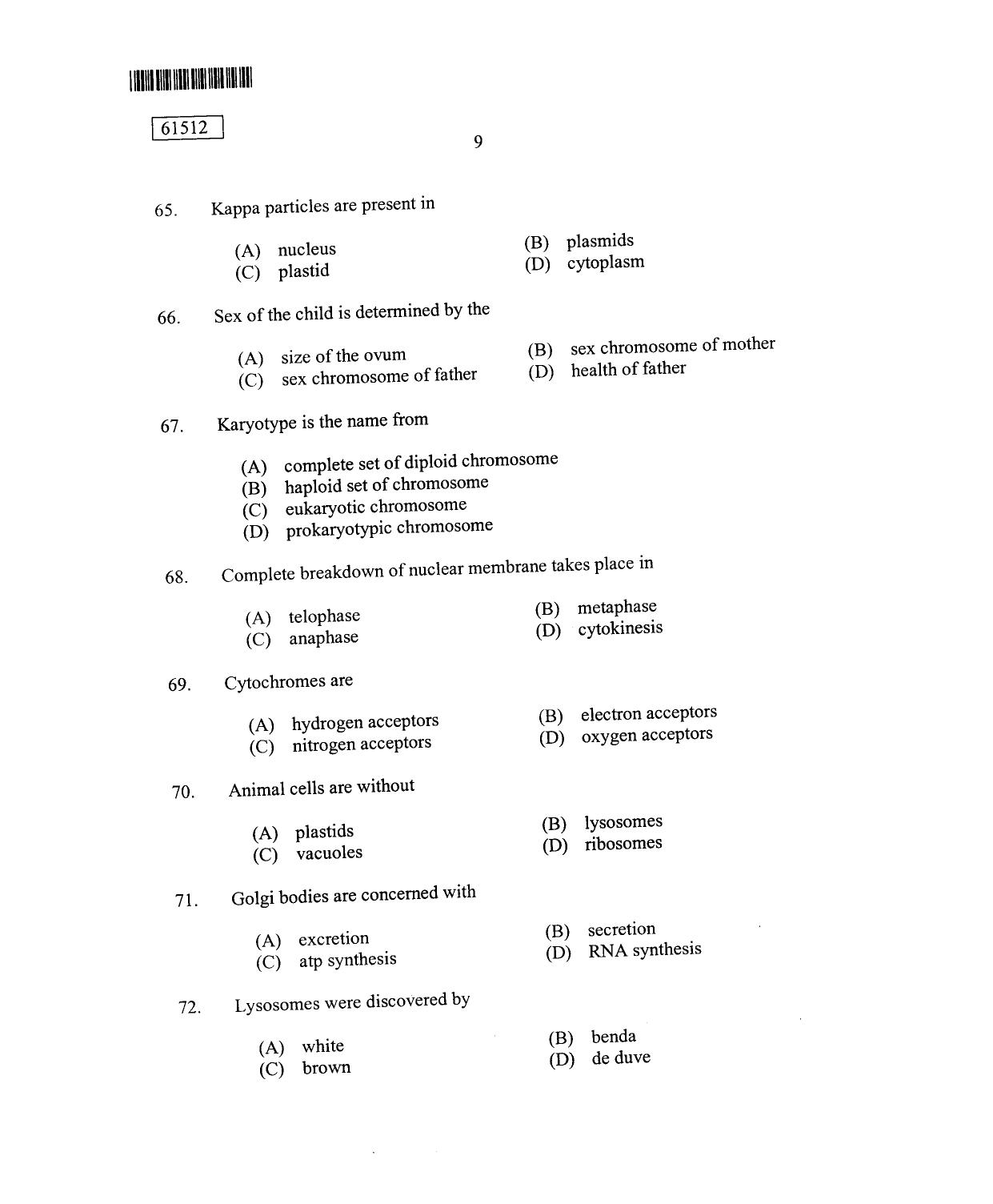 CUSAT CAT 2012 Zoology Question Paper - Page 10