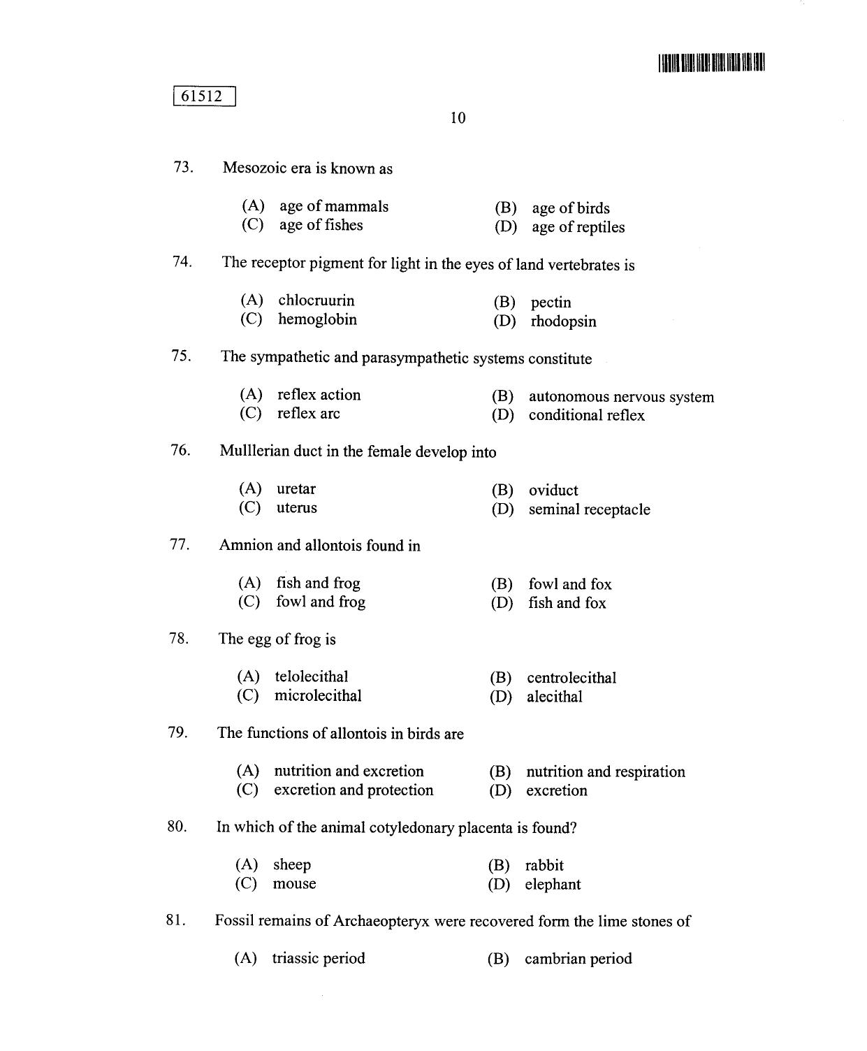 CUSAT CAT 2012 Zoology Question Paper - Page 11
