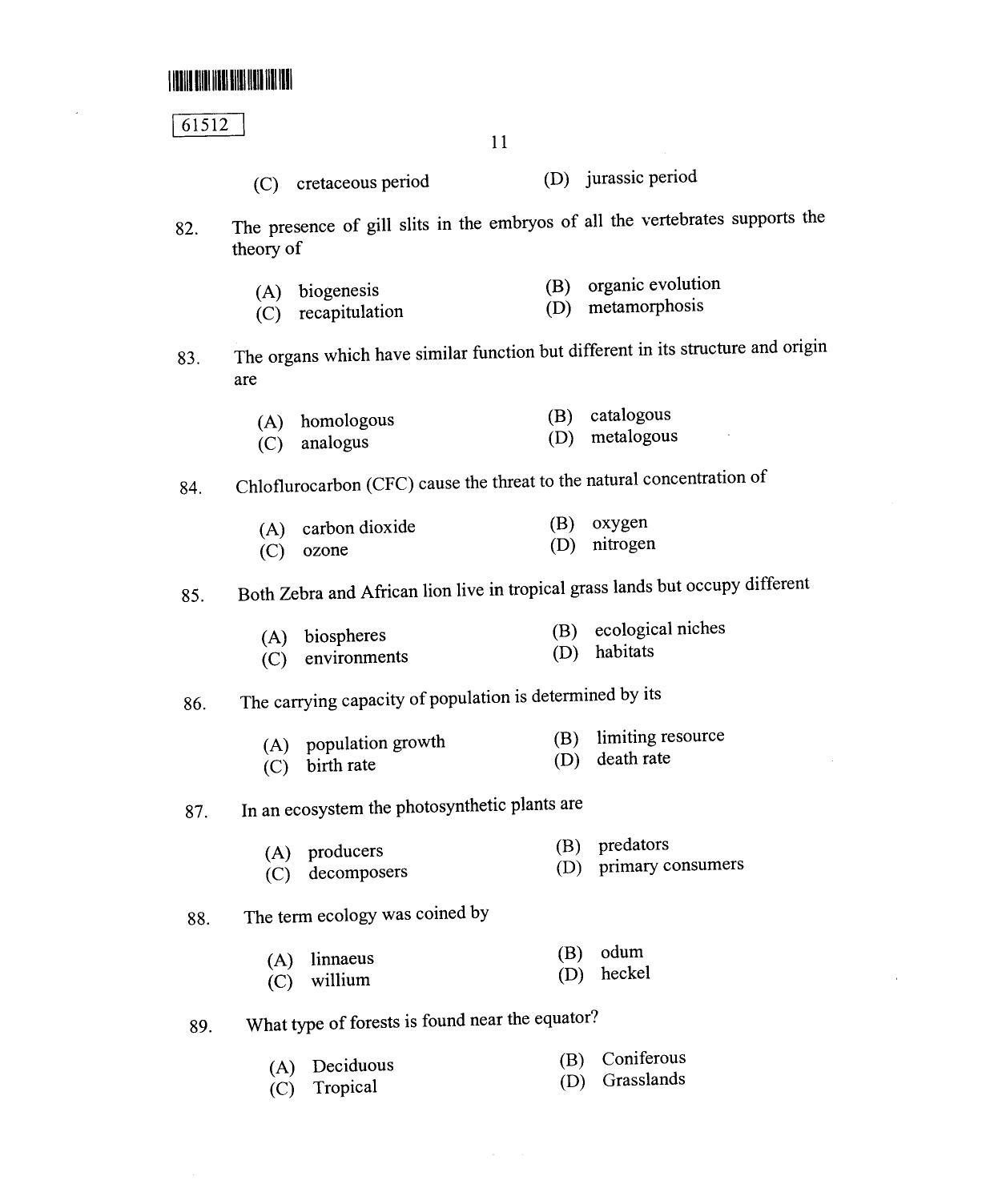 CUSAT CAT 2012 Zoology Question Paper - Page 12