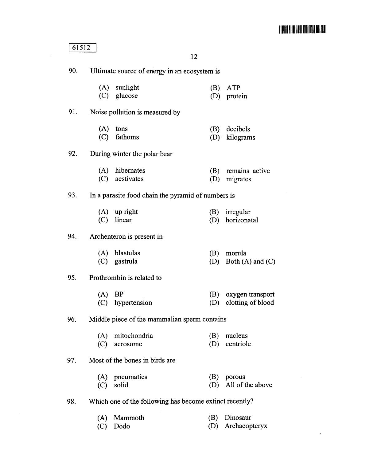 CUSAT CAT 2012 Zoology Question Paper - Page 13