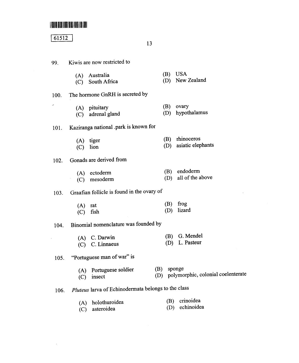 CUSAT CAT 2012 Zoology Question Paper - Page 14
