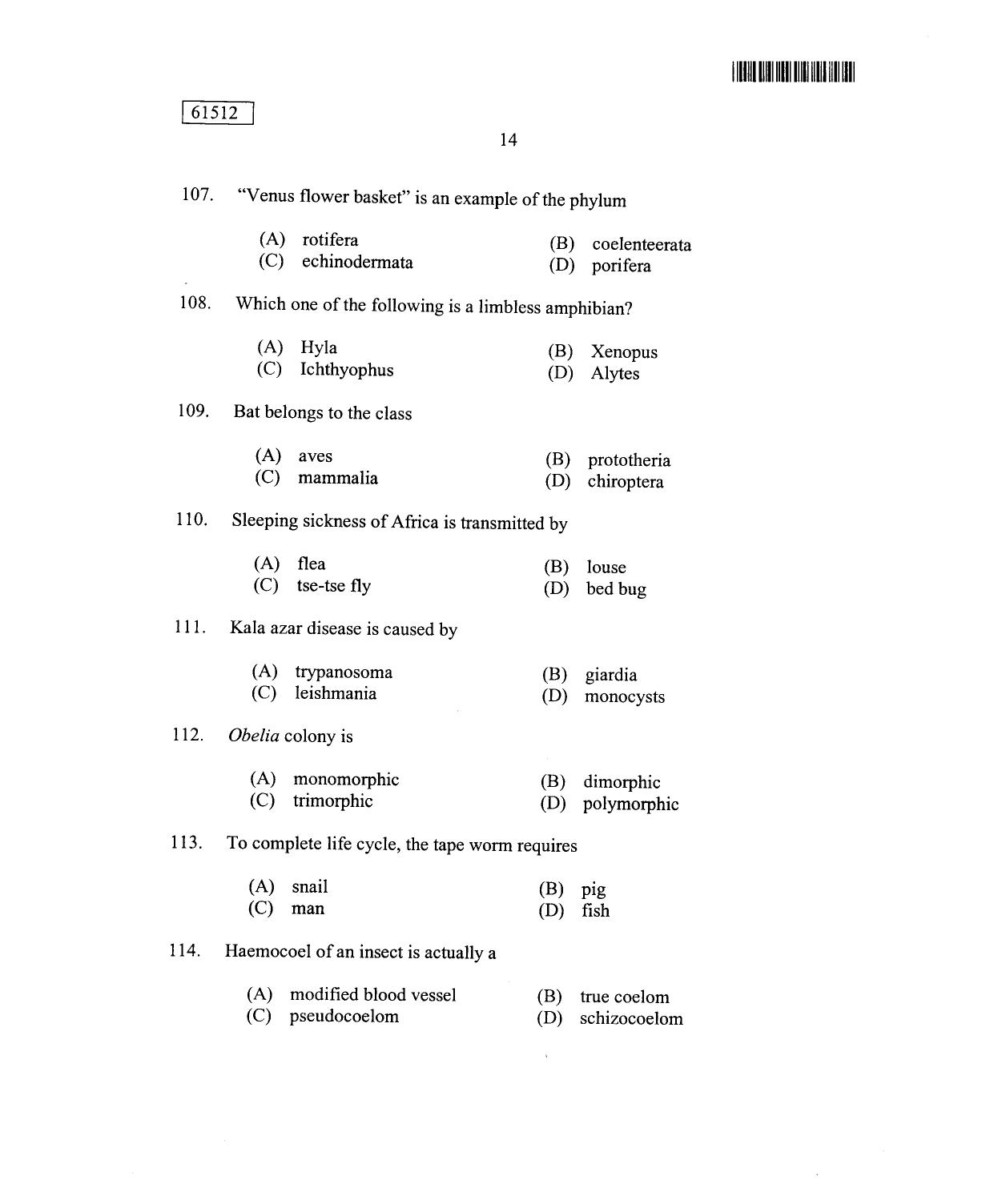 CUSAT CAT 2012 Zoology Question Paper - Page 15