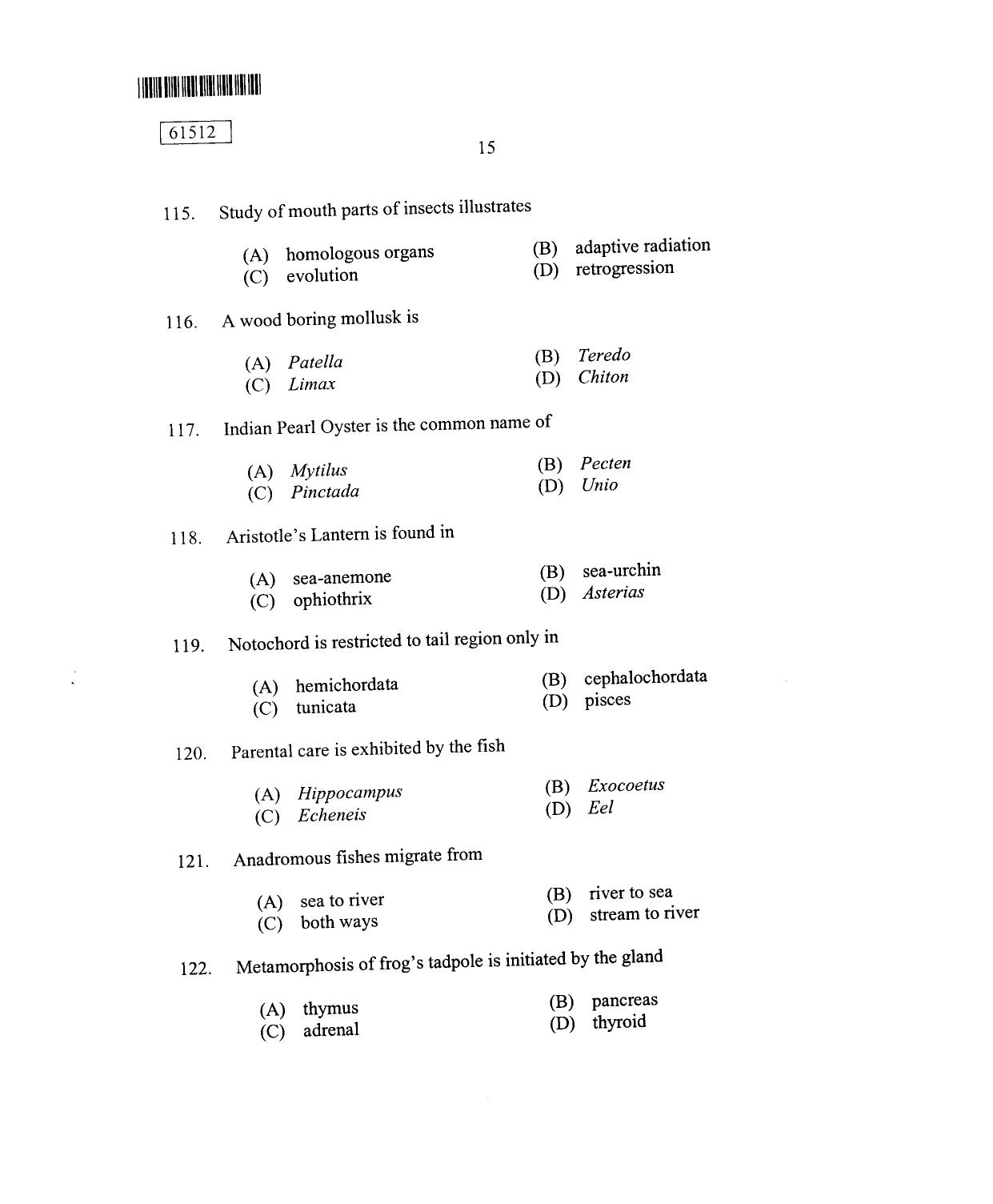 CUSAT CAT 2012 Zoology Question Paper - Page 16