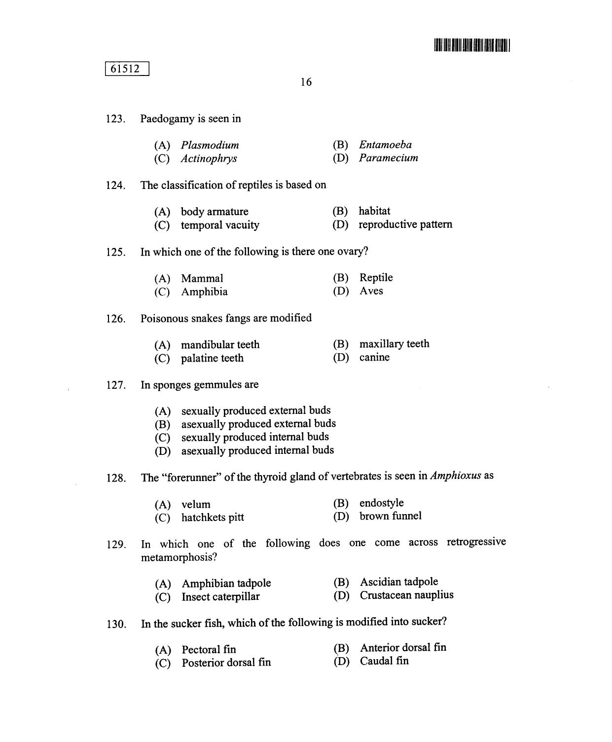 CUSAT CAT 2012 Zoology Question Paper - Page 17