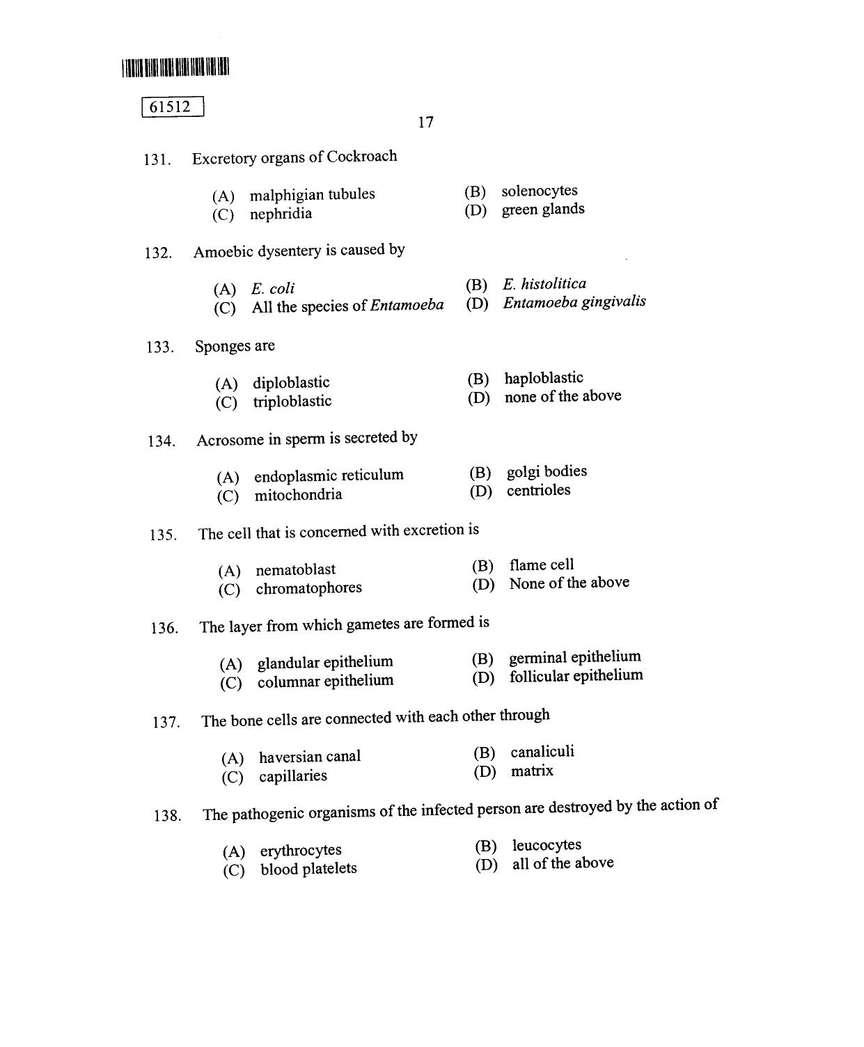 CUSAT CAT 2012 Zoology Question Paper - Page 18