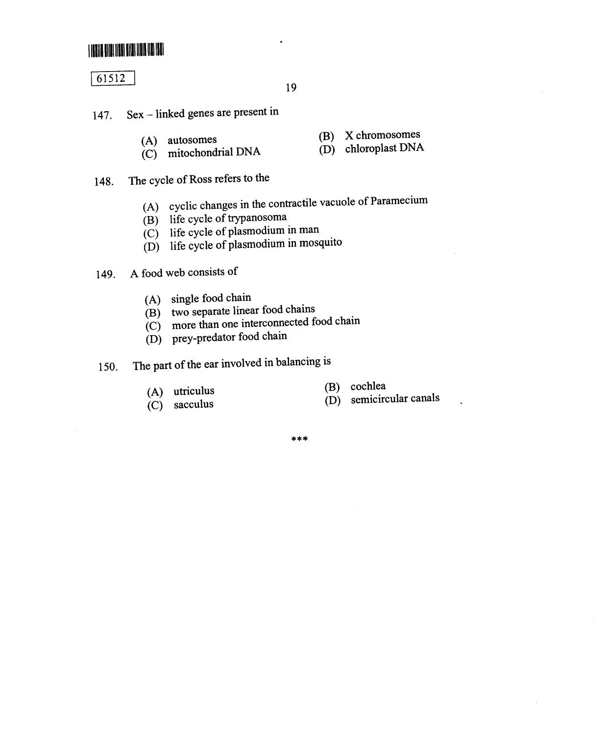 CUSAT CAT 2012 Zoology Question Paper - Page 20