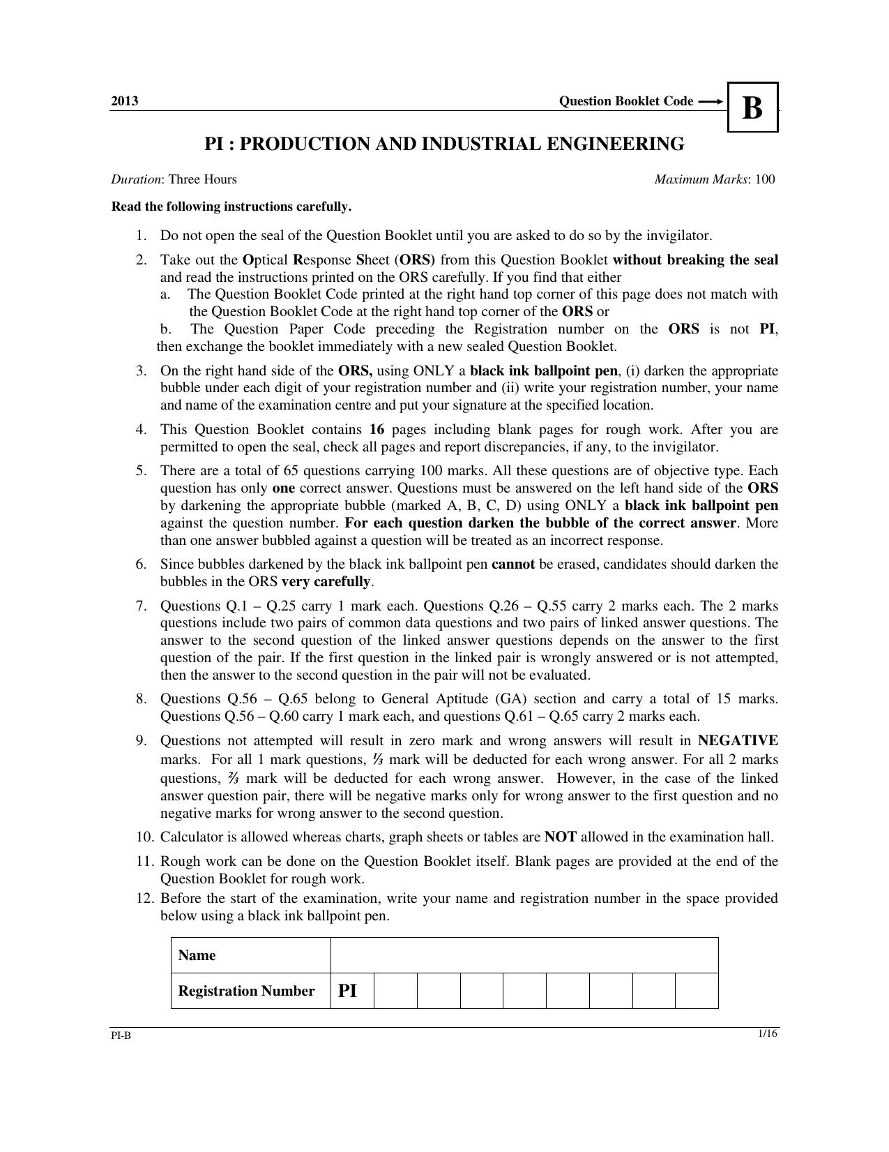 GATE 2013 Production and Industrial Engineering (PI) Question Paper with Answer Key - Page 16