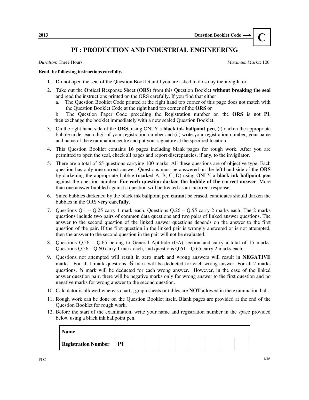 GATE 2013 Production and Industrial Engineering (PI) Question Paper with Answer Key - Page 30
