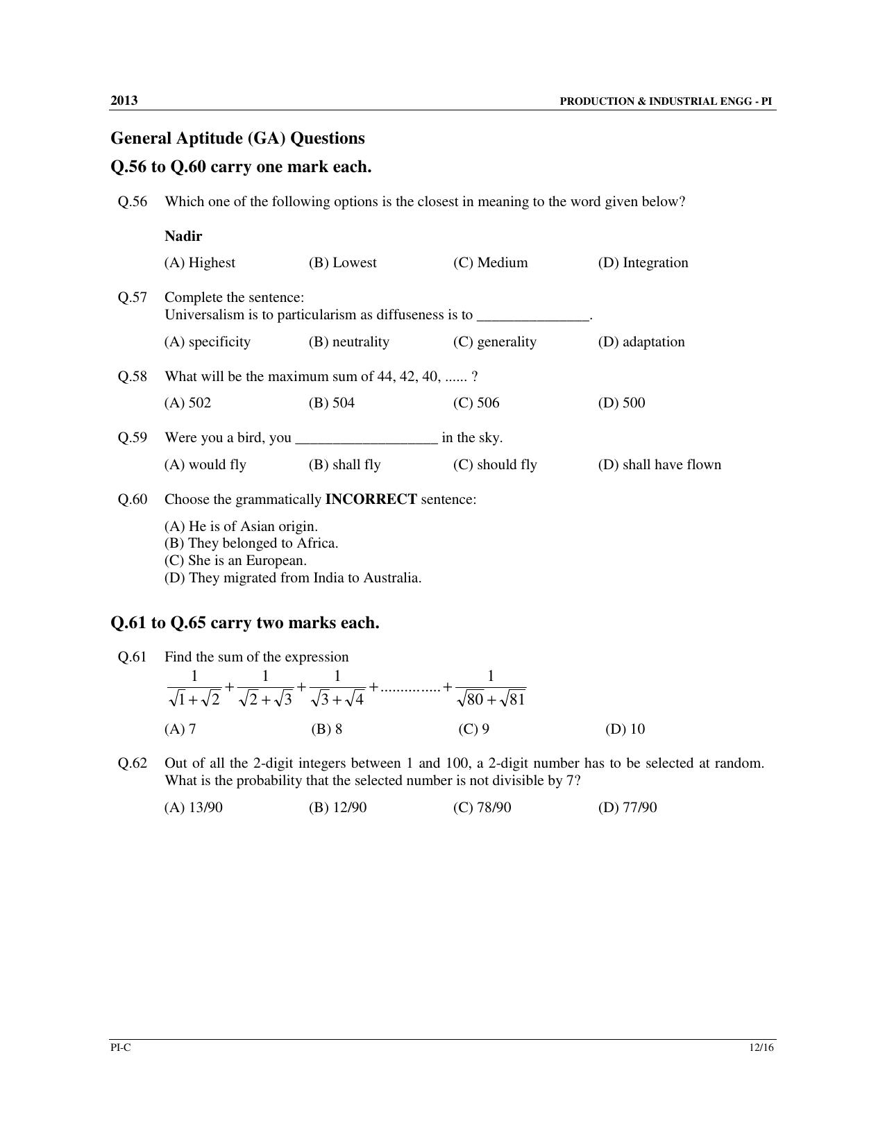 GATE 2013 Production and Industrial Engineering (PI) Question Paper with Answer Key - Page 41