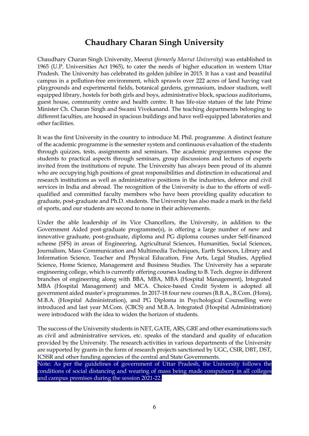 Chaudhary Charan Singh University: Meerut University, Meerut Information Brochure 2021-22 - Page 6