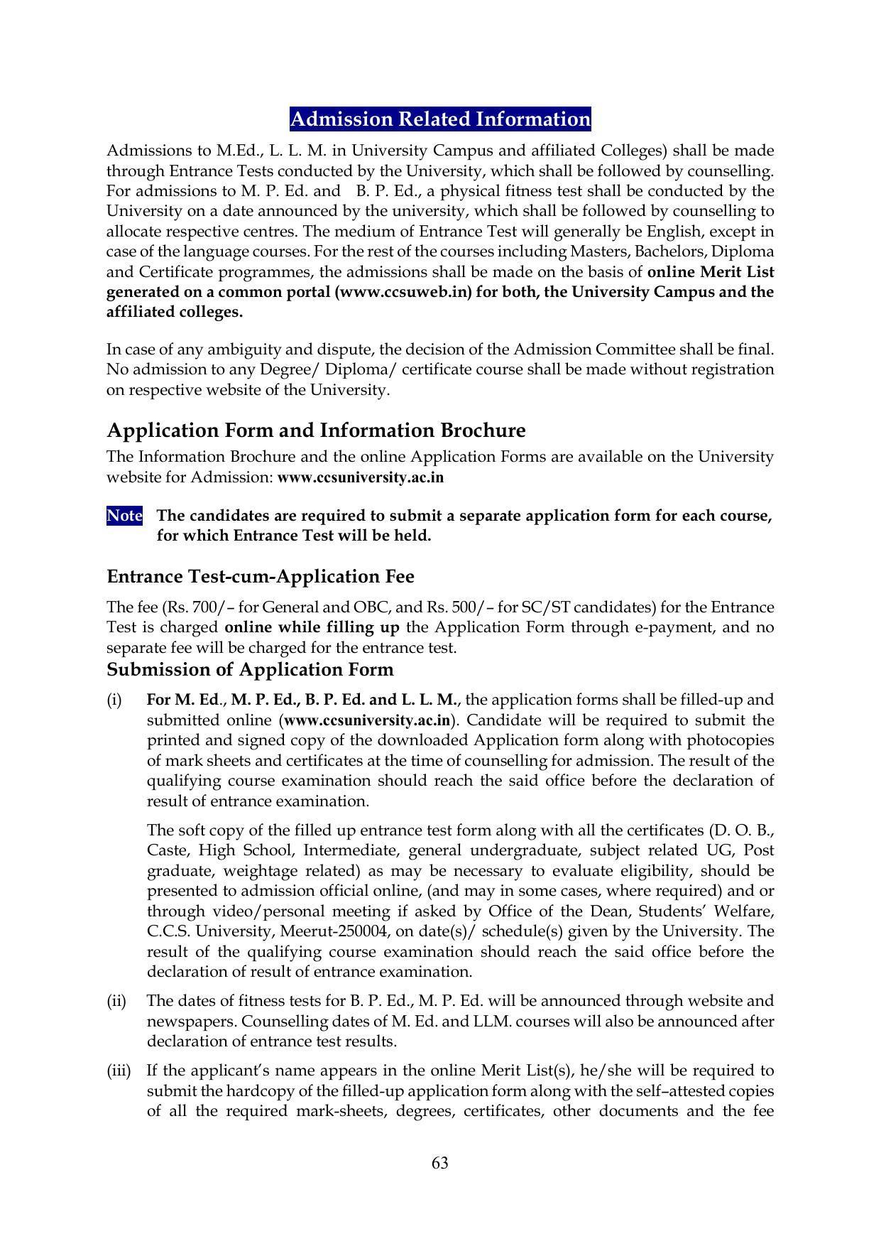 Chaudhary Charan Singh University: Meerut University, Meerut Information Brochure 2021-22 - Page 63