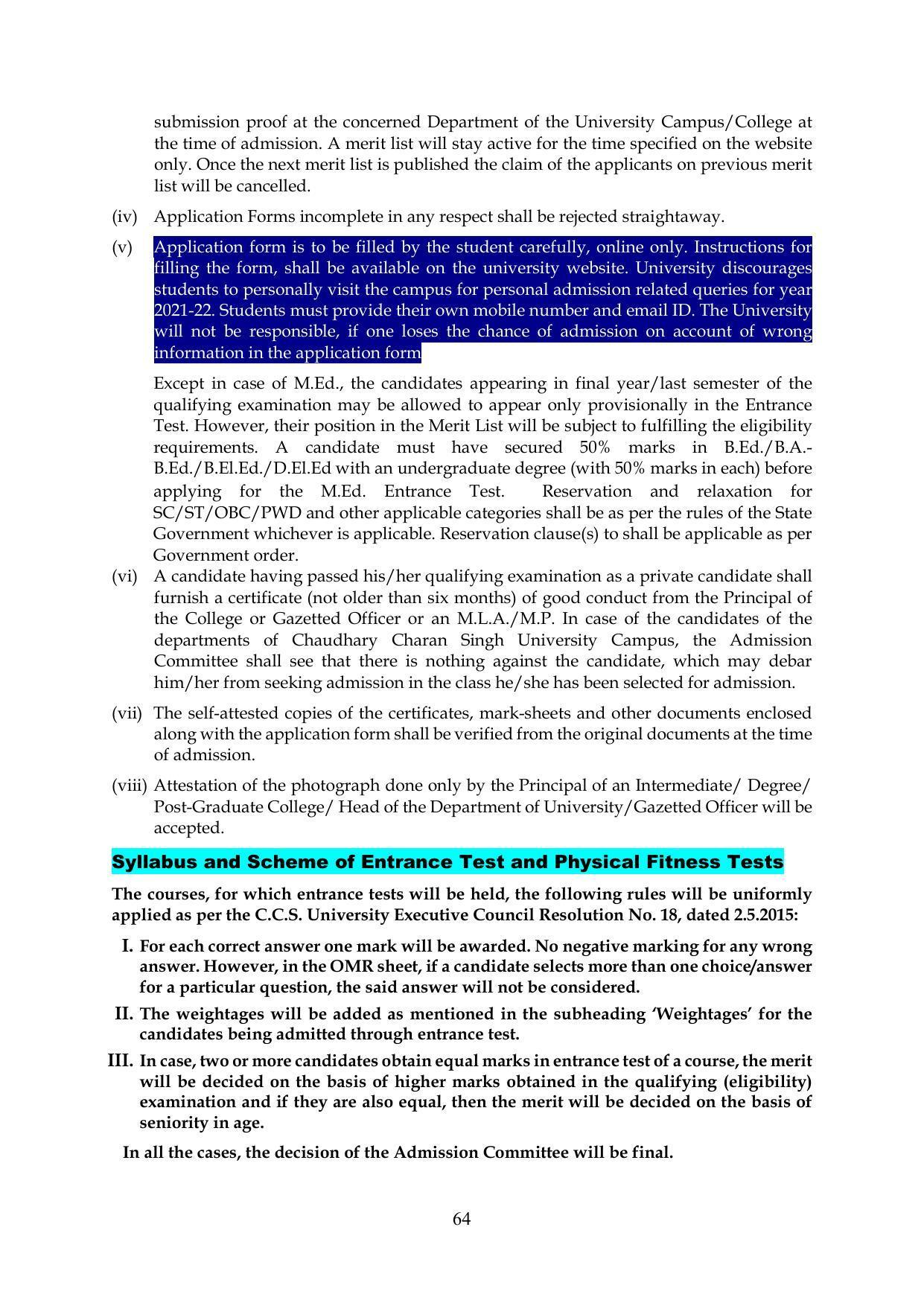 Chaudhary Charan Singh University: Meerut University, Meerut Information Brochure 2021-22 - Page 64